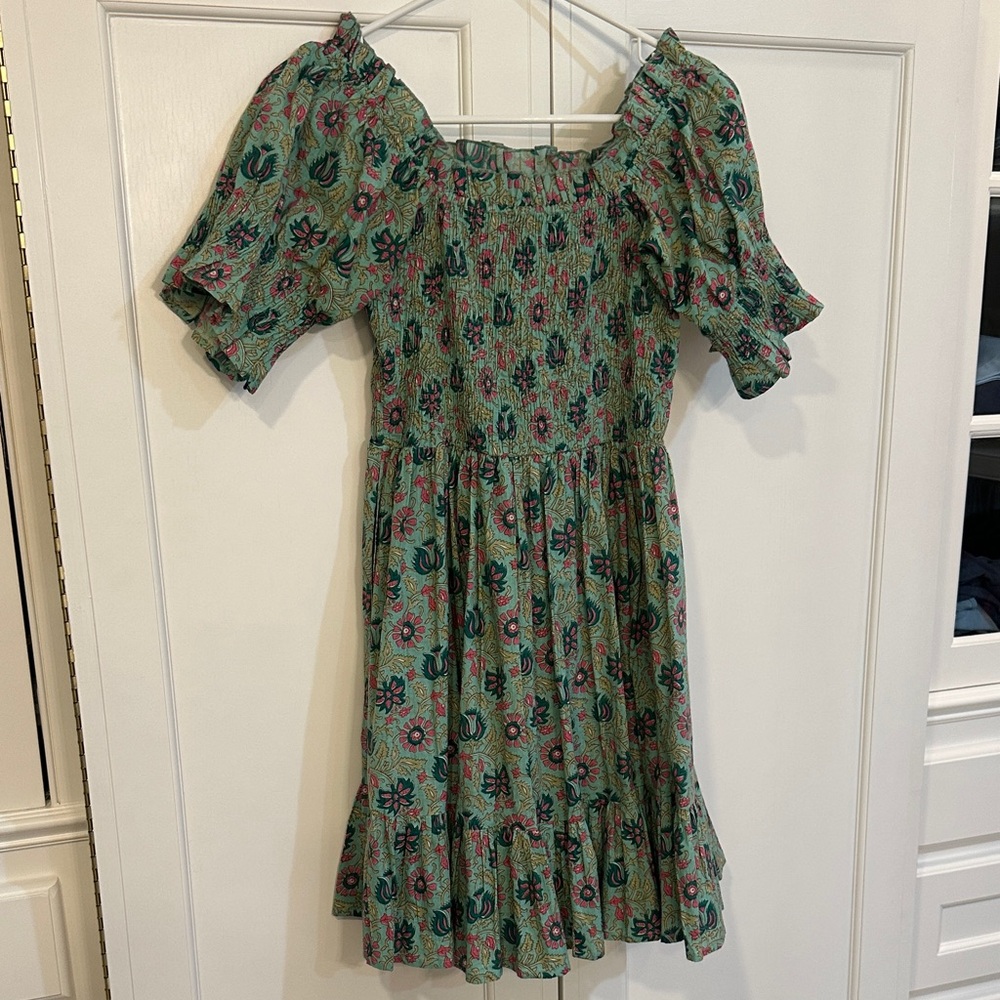 Mille Green Smocked Mini Dress with Puff Sleeves